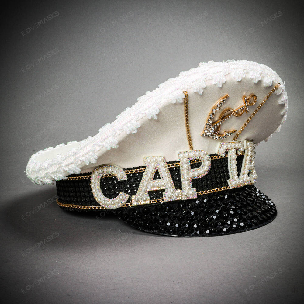 Captain Bling Rhinestone Sailor Hat White & Black Nautical Costume Cap - Picture 2 of 5